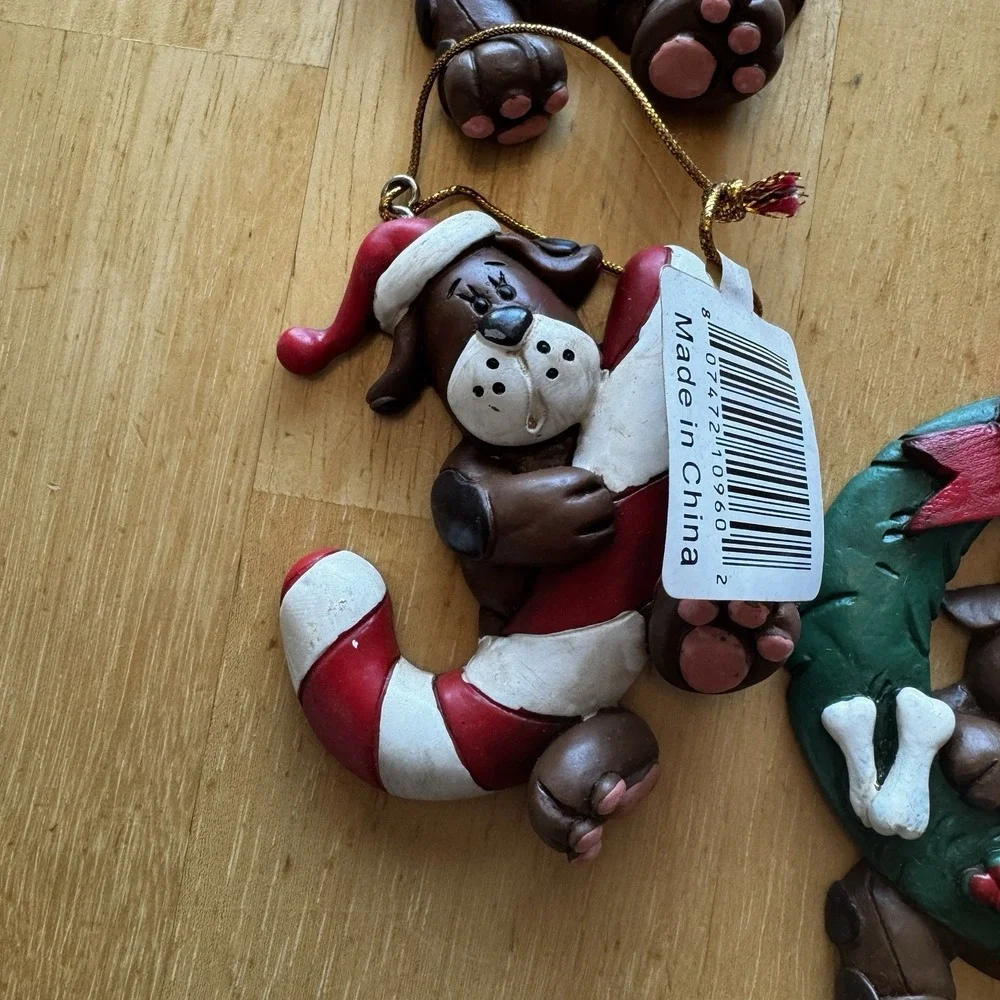 Christmas Ornaments Dog Puppy Lot of 4 Holiday Brown Wrath Candy‎ Cane Resin New